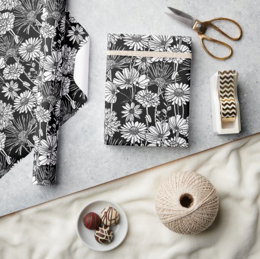 Botanische zwart witte madeliefjes Floral Art Patt Cadeaupapier (Crafts)