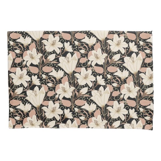 Botanische Zwarte Beige Lelie Bloemenpatroon Kussensloop (Voorkant-Links)