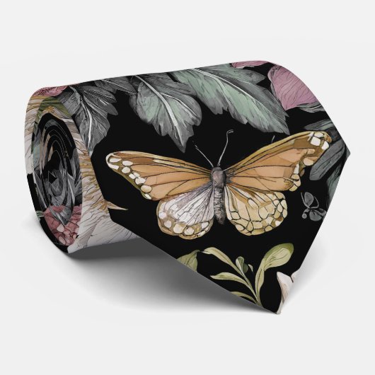 Botanische Zwarte Bloemen Stropdas (Opgerold)