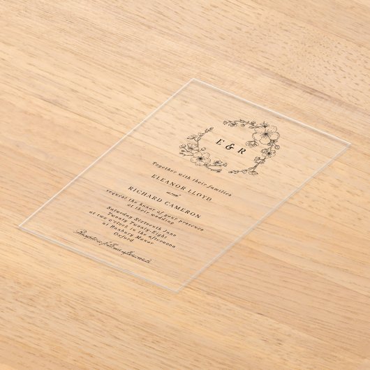 Botanische Zwarte Bloemenkrans Monogram Huwelijk Acryl Uitnodigingen (Laagn)