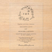 Botanische Zwarte Bloemenkrans Monogram Huwelijk Acryl Uitnodigingen (Voorkant)