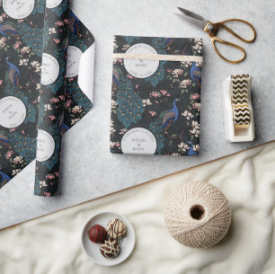 Botanische Zwarte Bruiloft Pauw & Bloemen Cadeaupapier