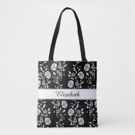Botanische zwarte en witte flessenbloem tote bag