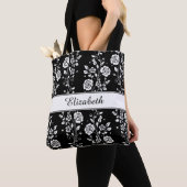 Botanische zwarte en witte flessenbloem tote bag (Dichtbij)