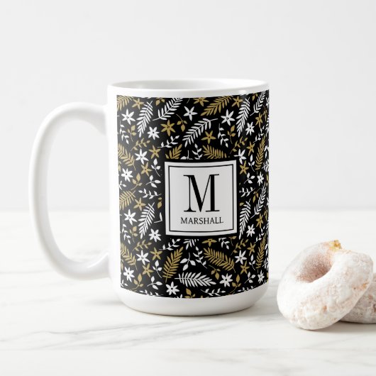 Botanische Zwarte Goud Monogram Naam Vakantie Koffiemok (Met donut)