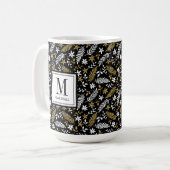 Botanische Zwarte Goud Monogram Naam Vakantie Koffiemok (Voorkant links)