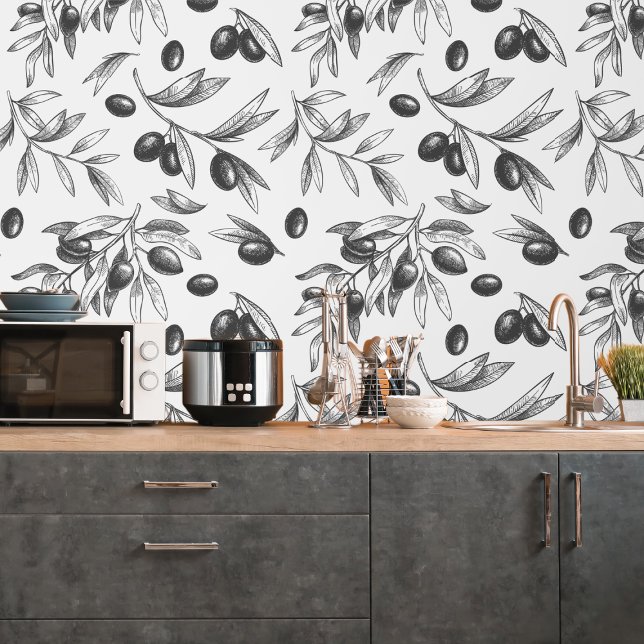 Botanische zwarte olijftak patroon keuken behang (Botanical Black Olive Branch Pattern Kitchen Wallpaper
)