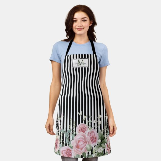 Botanische Zwarte Streep Script Naam Monogram Schort (Gedragen)