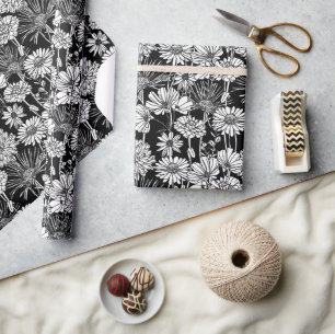 Botanische Zwarte Witte Madeliefjes Bloemmotief Ku Cadeaupapier