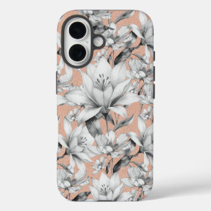 Botanische zwarte witte roos gouden glans bloemen iPhone 16 hoesje