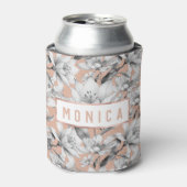 Botanische zwarte witte roos gouden glitter bloeme blikjeskoeler (Blikje Voorkant)