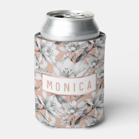 Botanische zwarte witte roos gouden glitter bloeme blikjeskoeler (Blikje Voorkant)