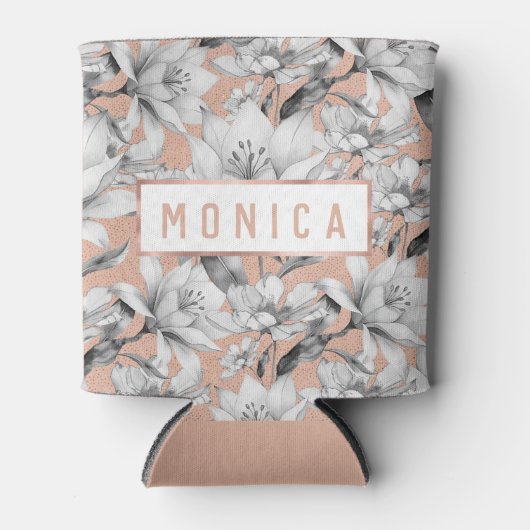 Botanische zwarte witte roos gouden glitter bloeme blikjeskoeler (Voorkant)