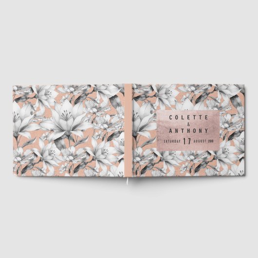 Botanische zwarte witte roos gouden glitter bloeme gastenboek (Volledig)