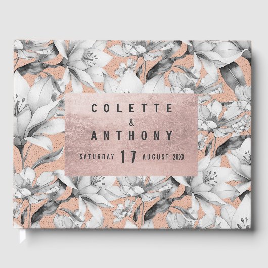 Botanische zwarte witte roos gouden glitter bloeme gastenboek (Voorkant)