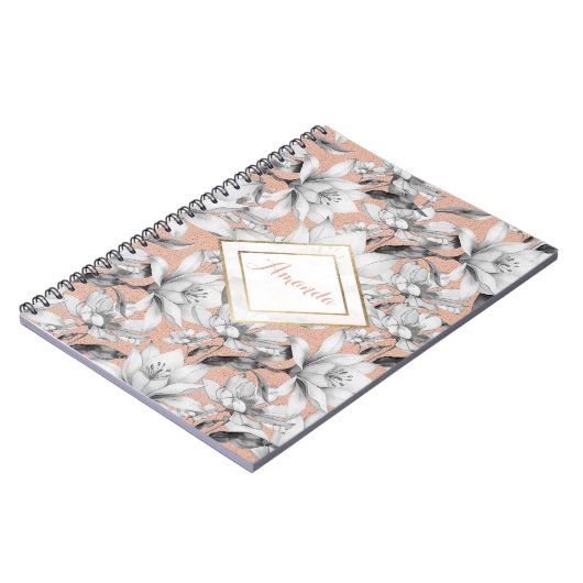 Botanische zwarte witte roos gouden glitter bloeme notitieboek (Linkerzijde)