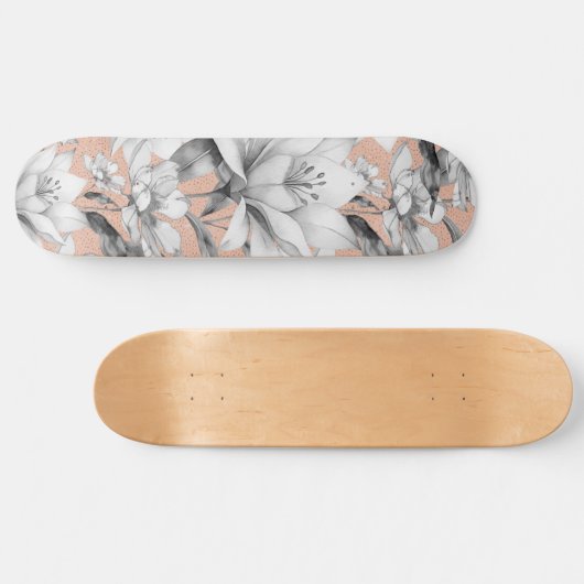 Botanische zwarte witte roos gouden glitter bloeme persoonlijk skateboard (Horizontaal)