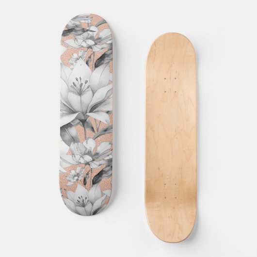 Botanische zwarte witte roos gouden glitter bloeme persoonlijk skateboard (Voorkant)