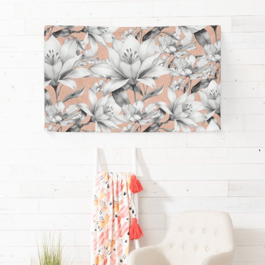 Botanische zwarte witte roos gouden glitter bloeme spandoek (Insitu)