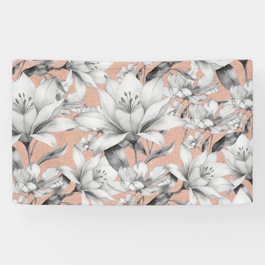 Botanische zwarte witte roos gouden glitter bloeme spandoek (Horizontaal)