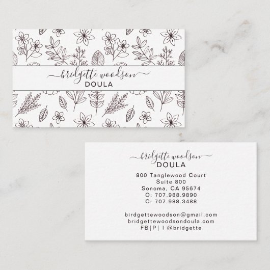 Botanische zwarte witte scriptnaam Binnenontwerp Visitekaartje (Voorkant / Achterkant)