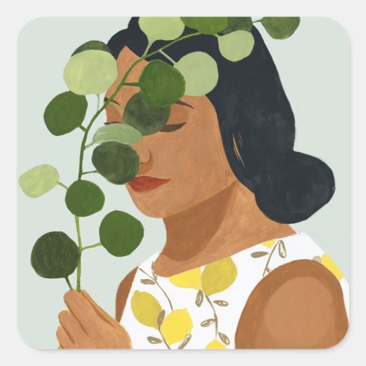 Botany Portret - Vrouw met Greenery Vierkante Sticker (Voorkant)