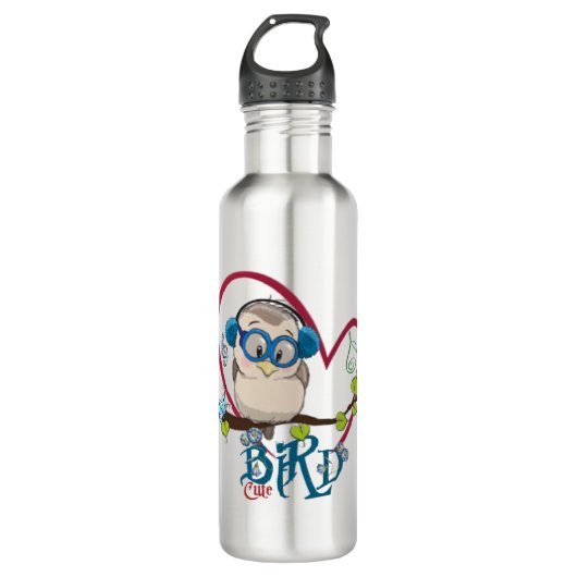 Botella de agua con pájaro lindo lleva auriculares waterfles  (Voorkant)
