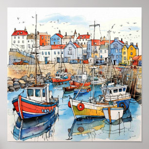 Boten aan zee in de haven poster