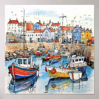 Boten aan zee in de haven poster