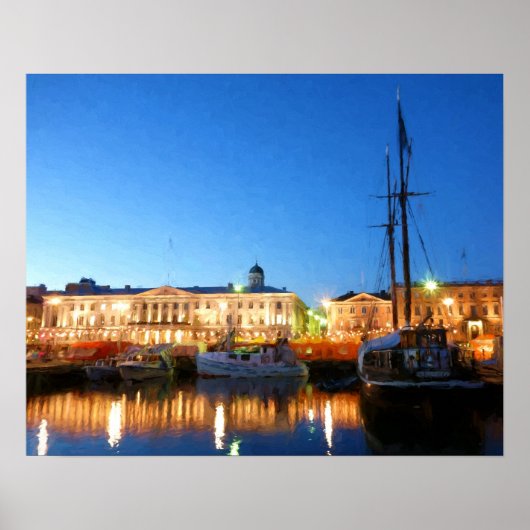 Boten bij het marktplein van Helsinki in de avond Poster (Voorkant)