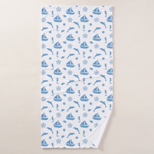 Boten en Dolfijnen Nautisch Patroon Blauw Wit Badhanddoek (Badhanddoek)