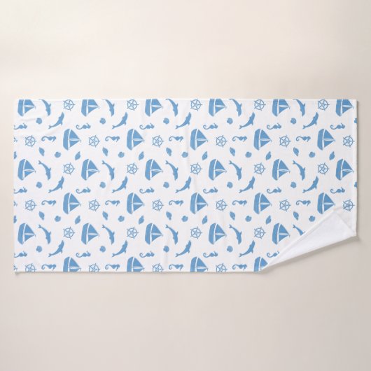 Boten en Dolfijnen Nautisch Patroon Blauw Wit Badhanddoek (Badhanddoek)