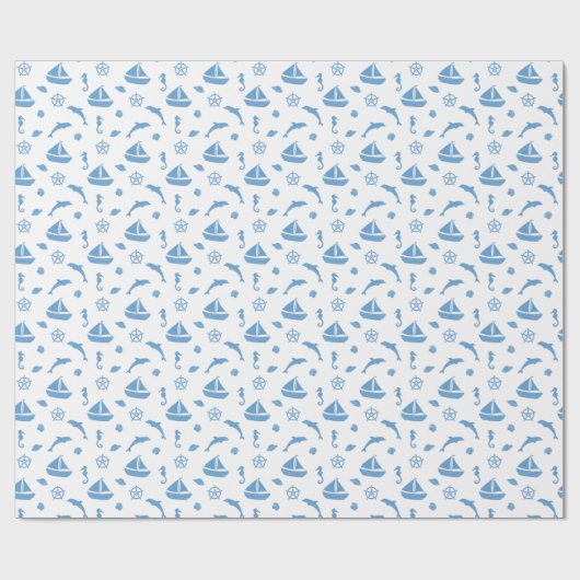 Boten en Dolfijnen Nautisch Patroon Blauw Wit Cadeaupapier (Vlak)
