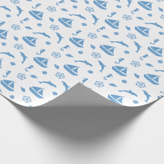 Boten en Dolfijnen Nautisch Patroon Blauw Wit Cadeaupapier (Hoek)