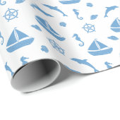 Boten en Dolfijnen Nautisch Patroon Blauw Wit Cadeaupapier (Rol Hoek)
