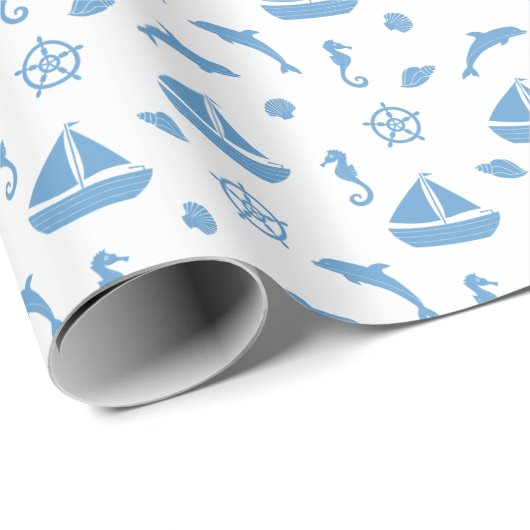 Boten en Dolfijnen Nautisch Patroon Blauw Wit Cadeaupapier (Rol Hoek)