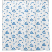 Boten en Dolfijnen Nautisch Patroon Blauw Wit Douchegordijn (Voorkant)