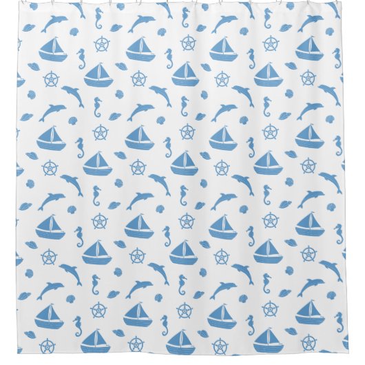 Boten en Dolfijnen Nautisch Patroon Blauw Wit Douchegordijn (Voorkant)