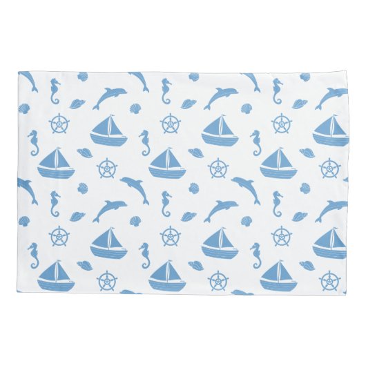 Boten en Dolfijnen Nautisch Patroon Blauw Wit Kussensloop (Achterkant-Links)