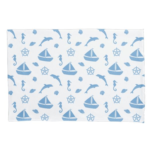 Boten en Dolfijnen Nautisch Patroon Blauw Wit Kussensloop (Voorkant-Links)