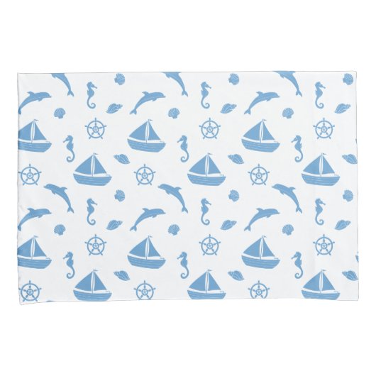 Boten en Dolfijnen Nautisch Patroon Blauw Wit Kussensloop (Voorkant-Rechts)