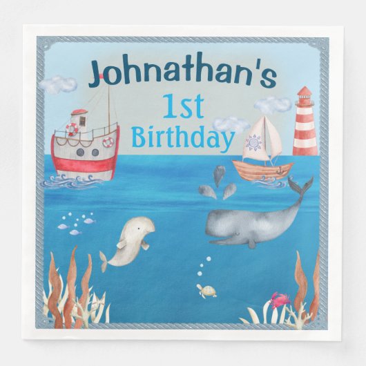 Boten en onder het Zee Waterverf Boy Birthday Servet (Voorkant)