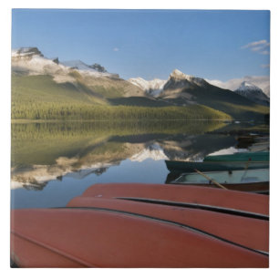 Boten geparkeerd aan de oever van Maligne Lake, Tegeltje