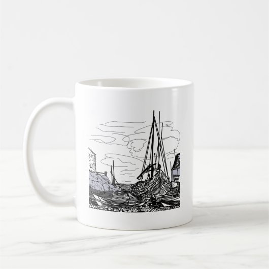 boten op het zee koffiemok (Links)