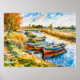 Boten rustend aan de rivier Havelland Aquarel Poster