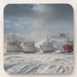 boten van visserij in de sneeuw bier onderzetter