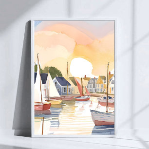 Botenbaai   Kust oceaan aquarelschilderij Poster