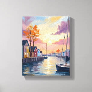 Botenmarina Aquarelschilderij van kustbaai Canvas Afdruk