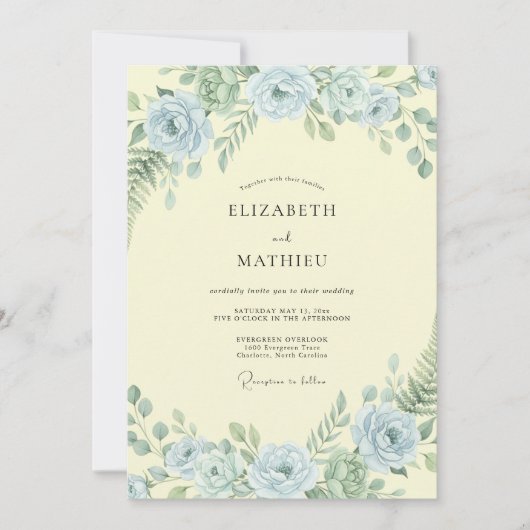 Boter Azure Ranunculus Stof Eucalyptus Bruiloft Kaart (Voorkant)