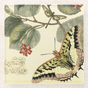 Boter en dragonfly met rode bloemen glazen onderzetter